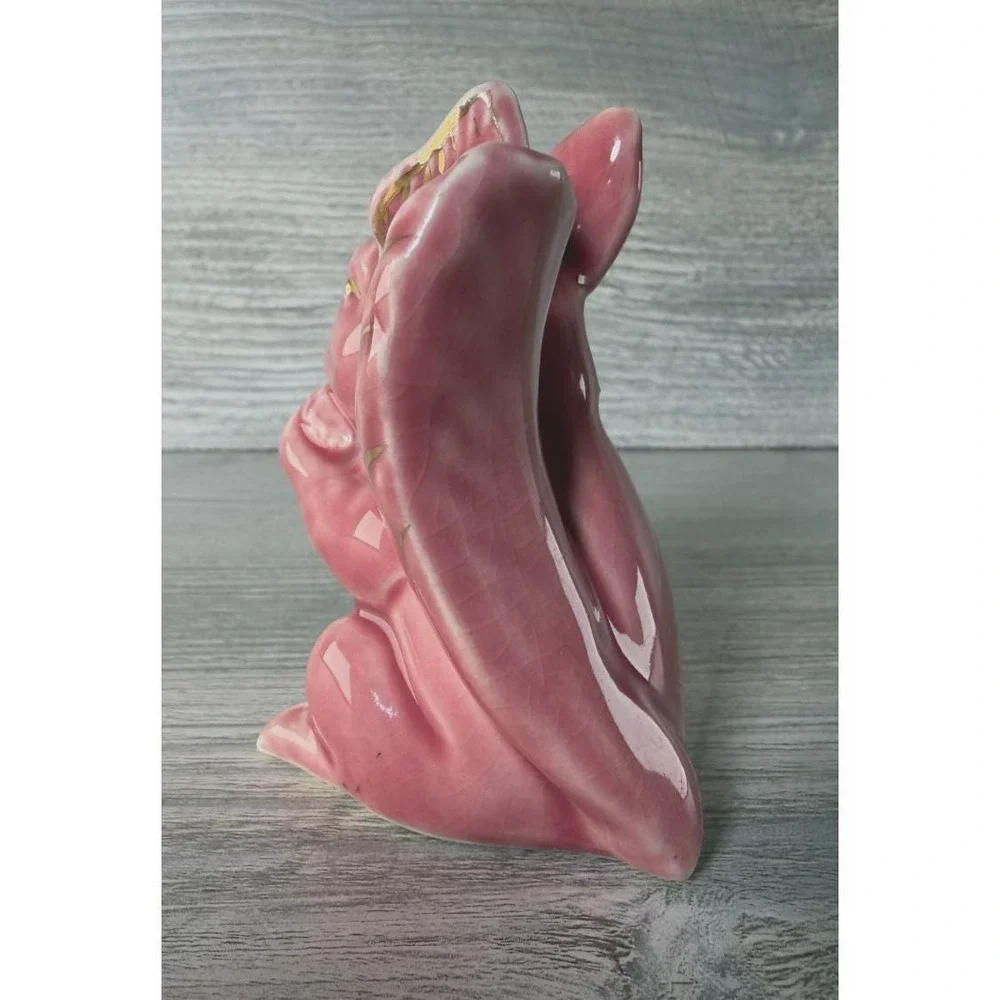 Vintage Ceramic Pink Squirrel Figurine Acorn Bushy Tail Gold Gilded Details MCM
